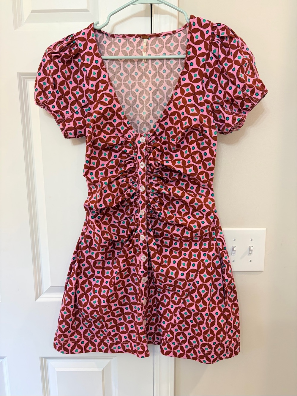 Free People Pink and Red Geometric Ruched Mini Dress